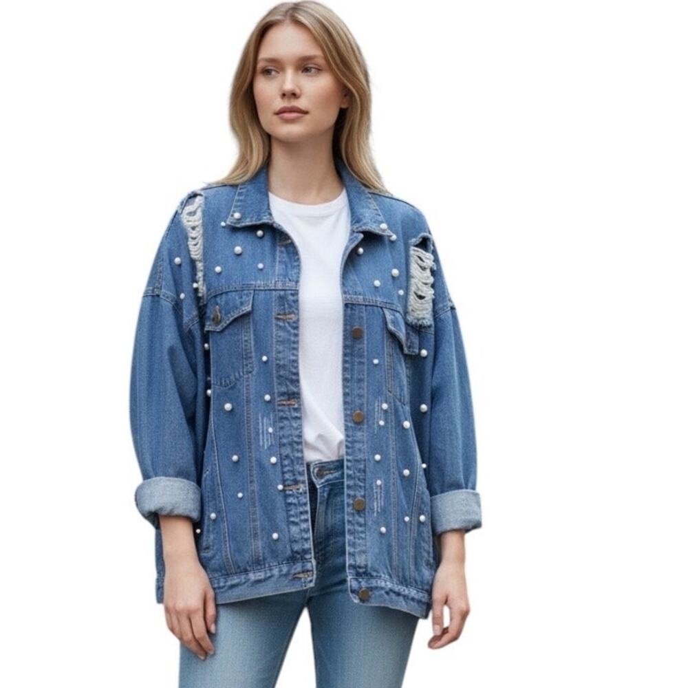 Davi & Dani Pearl Embellished Distressed Oversized Denim Jacket Size Large